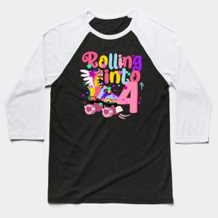 rolling into 4 - 4th birthday girl roller skates theme party Baseball T-Shirt